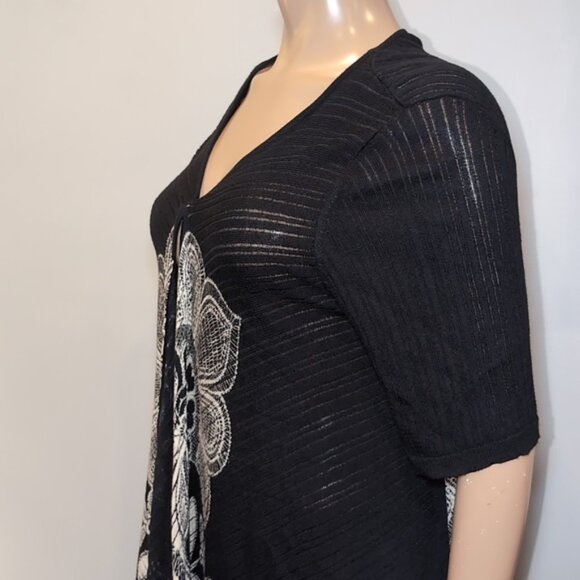 Vintage Chicos Damask Modal Cardigan Open Flyaway Front Short Sleeve Ribbed Knit - Picture 6 of 17